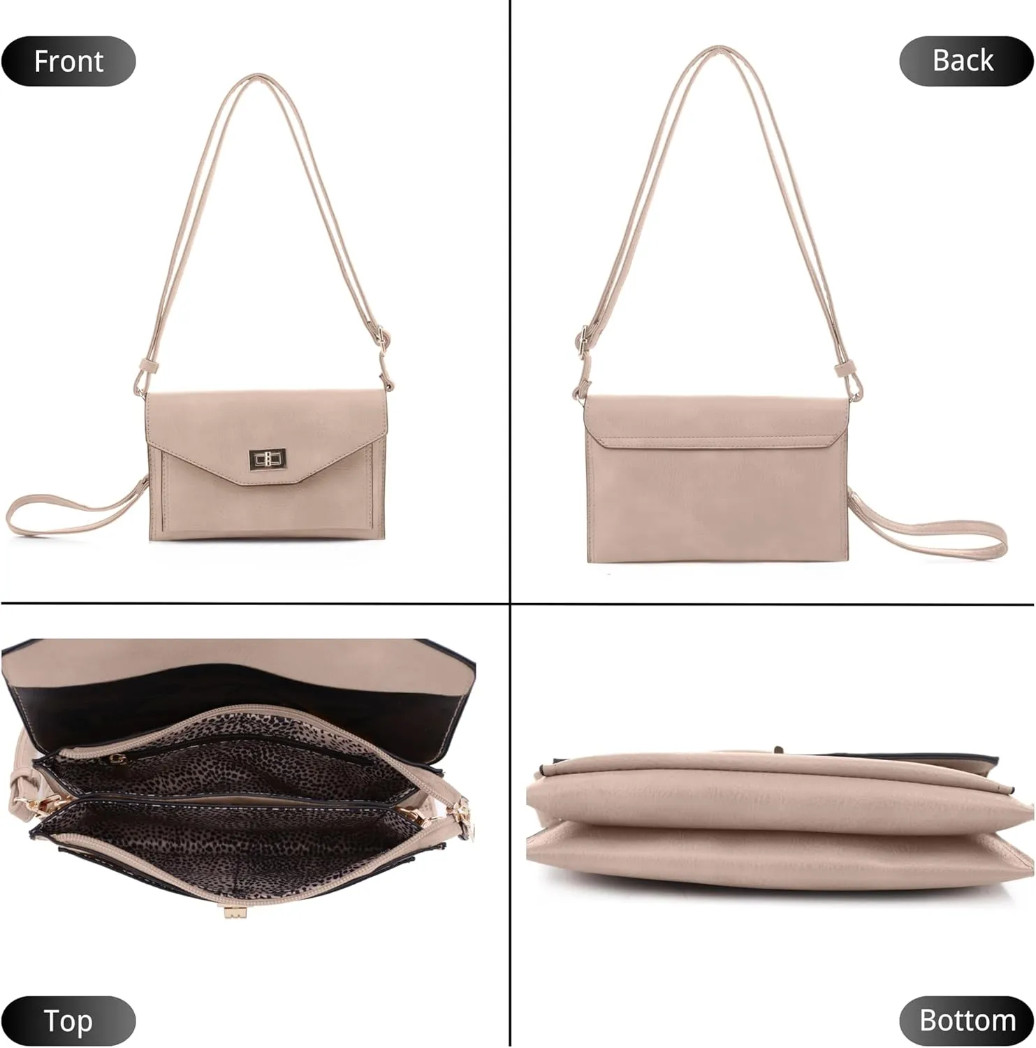 Multifunctional Women's Envelope Style Crossbody Wallet Clutch with Turn Lock and Zipper Closure