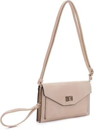 Multifunctional Women's Envelope Style Crossbody Wallet Clutch with Turn Lock and Zipper Closure