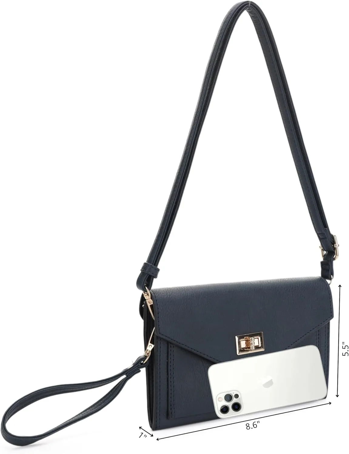 Multifunctional Women's Envelope Style Crossbody Wallet Clutch with Turn Lock and Zipper Closure