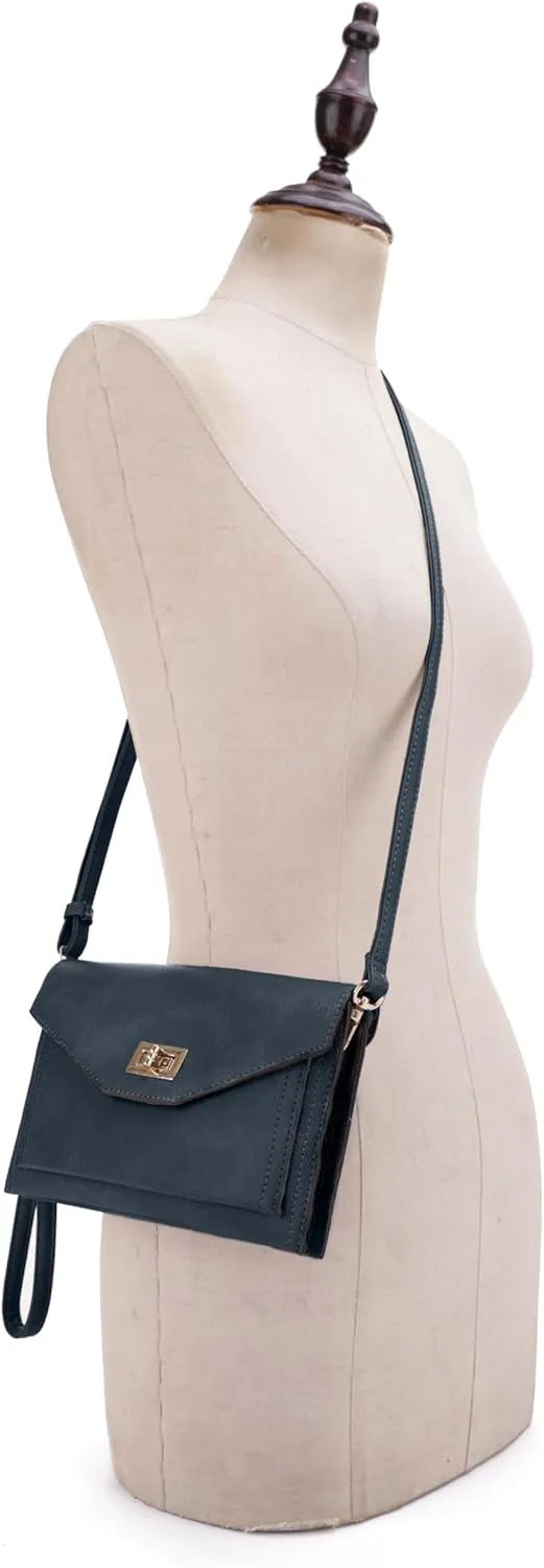 Multifunctional Women's Envelope Style Crossbody Wallet Clutch with Turn Lock and Zipper Closure