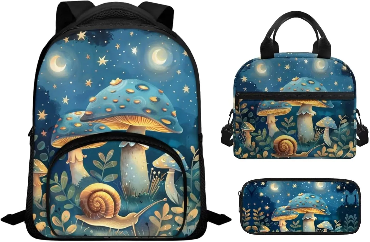 Mushroom Backpack 3Pcs Set Insulated Reusable Lunch Box Pencil Case for Girls Fashion Adjustable Straps School Bag for Girl for Junior High School High School University
