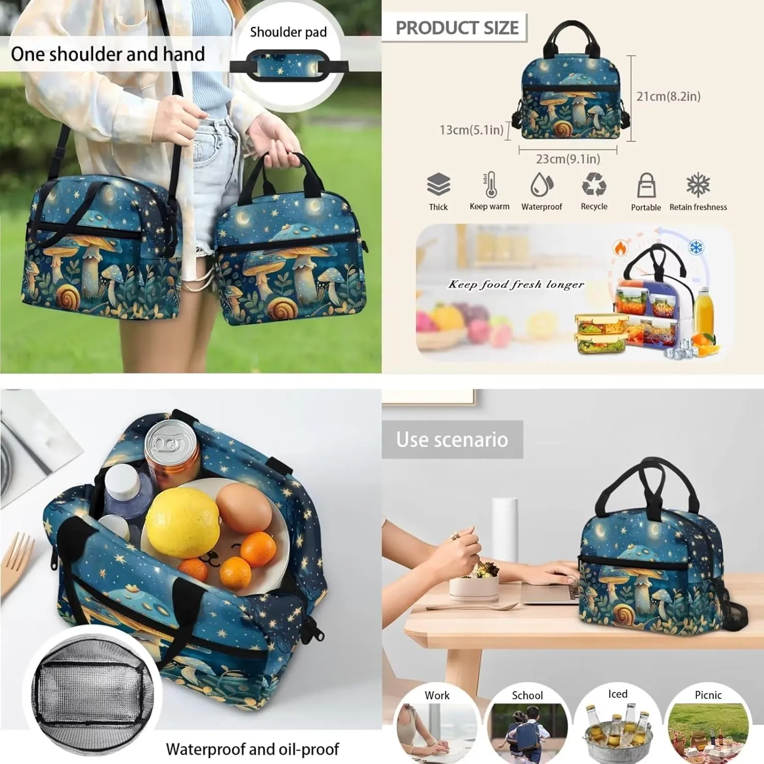 Mushroom Backpack 3Pcs Set Insulated Reusable Lunch Box Pencil Case for Girls Fashion Adjustable Straps School Bag for Girl for Junior High School High School University