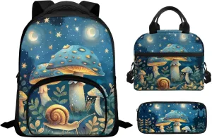 Mushroom Backpack 3Pcs Set Insulated Reusable Lunch Box Pencil Case for Girls Fashion Adjustable Straps School Bag for Girl for Junior High School High School University