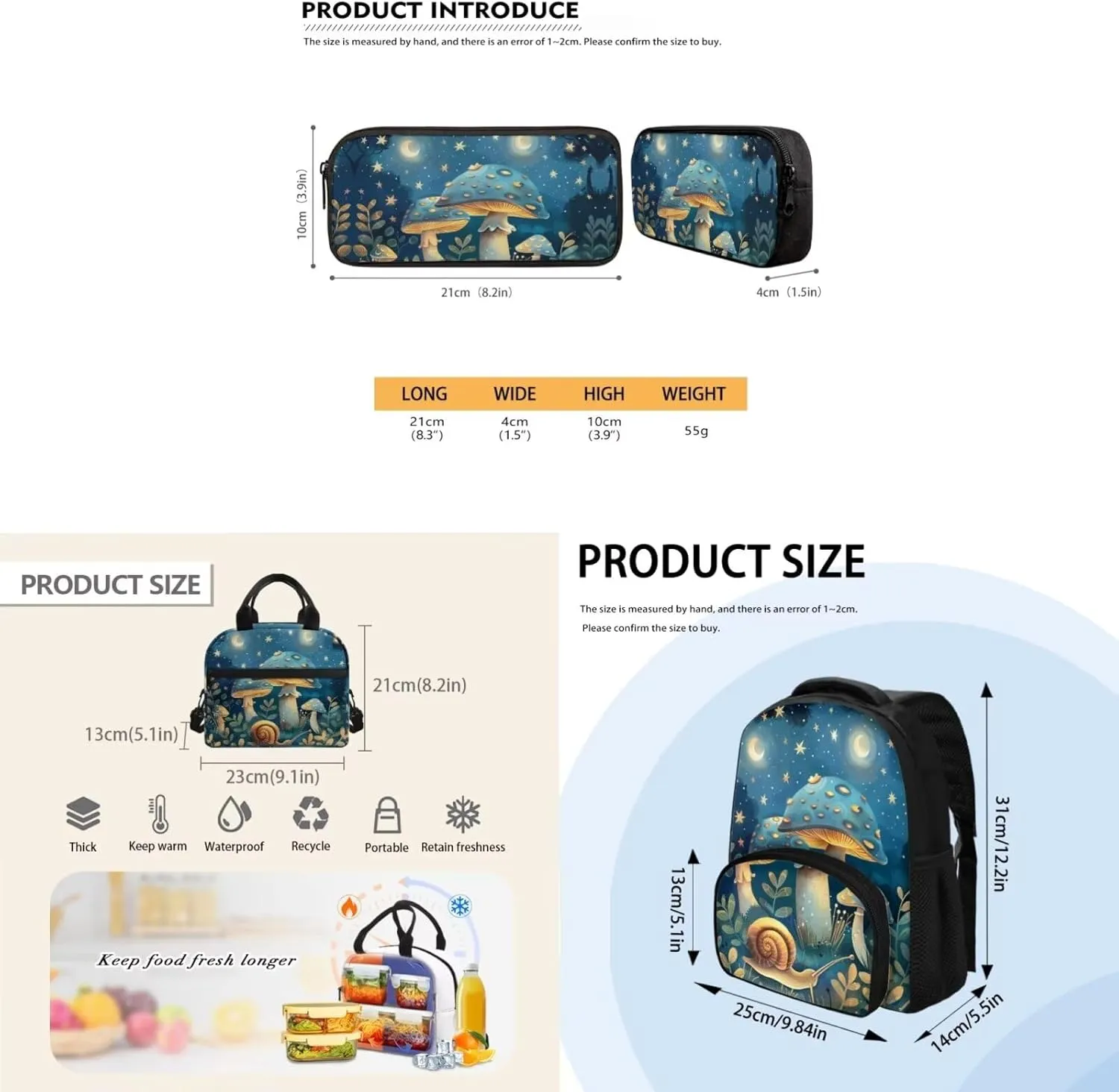 Mushroom Backpack 3Pcs Set Insulated Reusable Lunch Box Pencil Case for Girls Fashion Adjustable Straps School Bag for Girl for Junior High School High School University