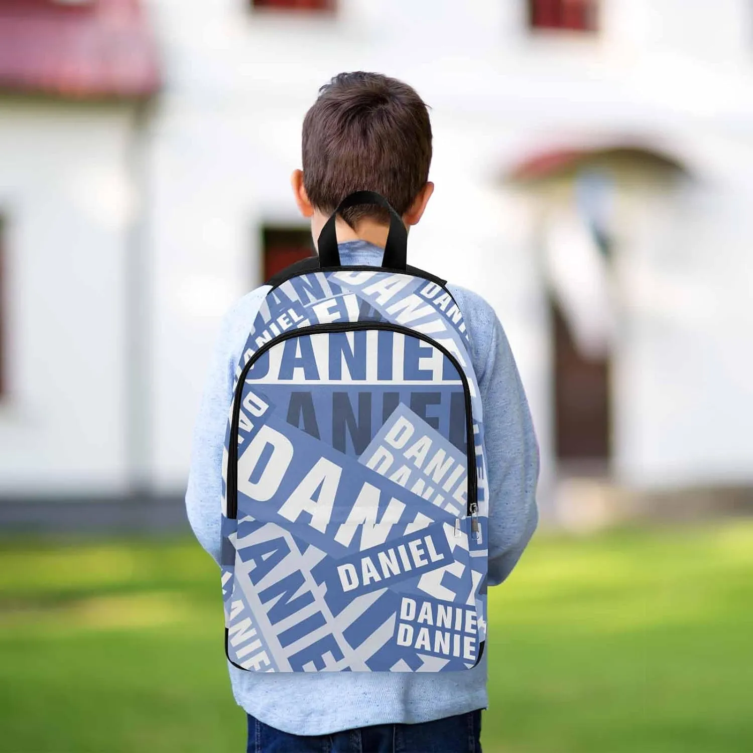 MyPupSocks Custom Backpack for Kids, Personalized White and Blue Name Bag Schoolbag Casual Daypack Customized Name Travel Laptop Bag Backpack for Daughter Son Teens Travel Picnic
