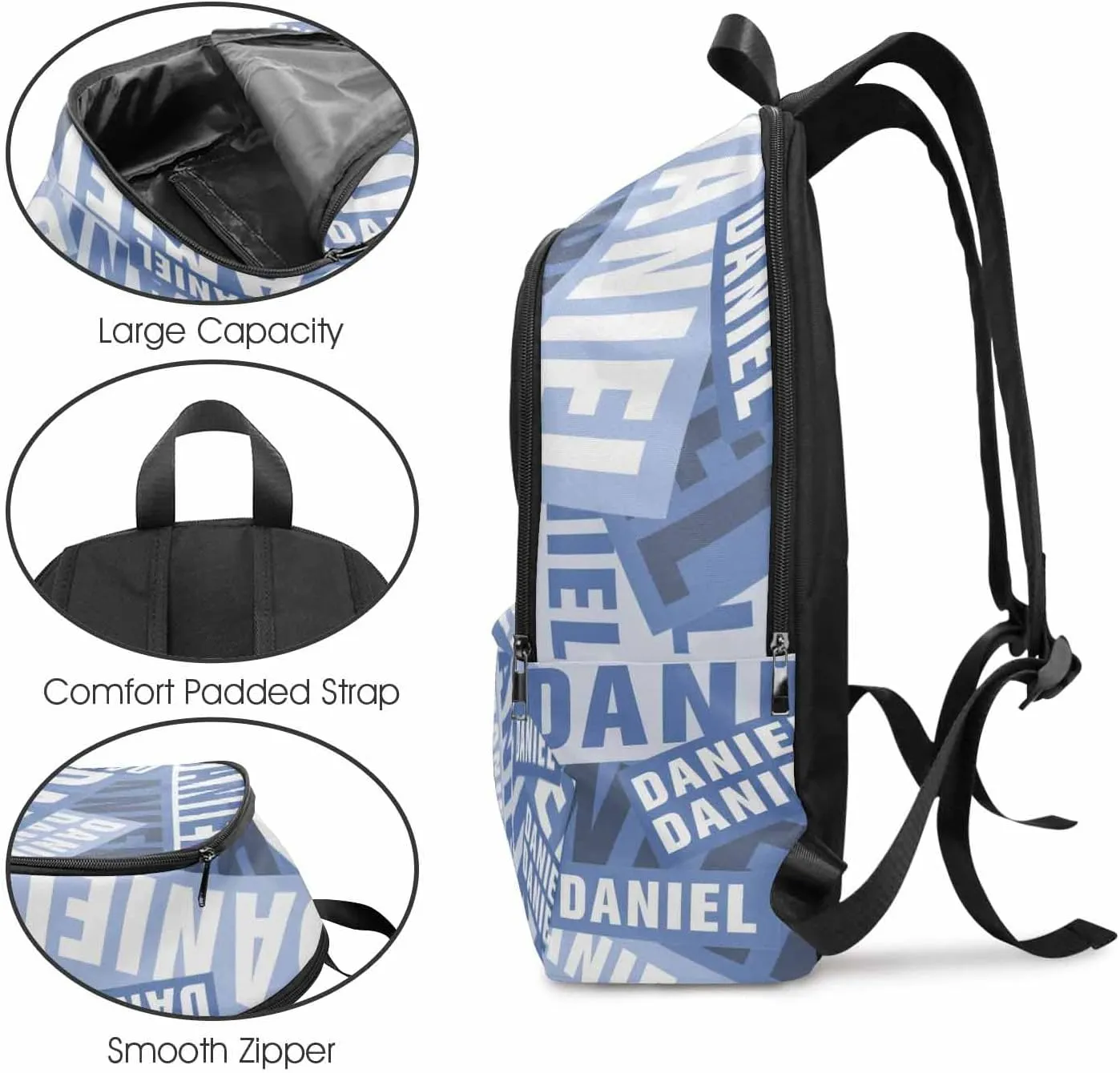 MyPupSocks Custom Backpack for Kids, Personalized White and Blue Name Bag Schoolbag Casual Daypack Customized Name Travel Laptop Bag Backpack for Daughter Son Teens Travel Picnic