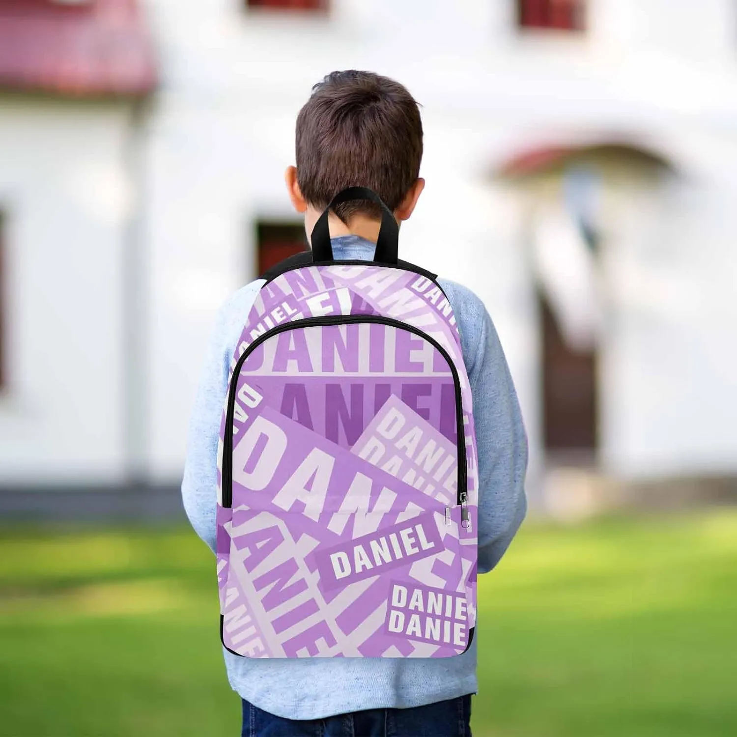 MyPupSocks Personalized Casual Daypack School Bag with Name for Students Back School Gift, Custom White and Purple Name Backpack Shoulder Bag Book Bag Travel Knapsack for Men Women Hiking Travel