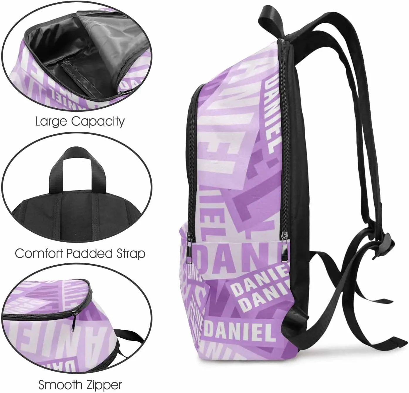 MyPupSocks Personalized Casual Daypack School Bag with Name for Students Back School Gift, Custom White and Purple Name Backpack Shoulder Bag Book Bag Travel Knapsack for Men Women Hiking Travel