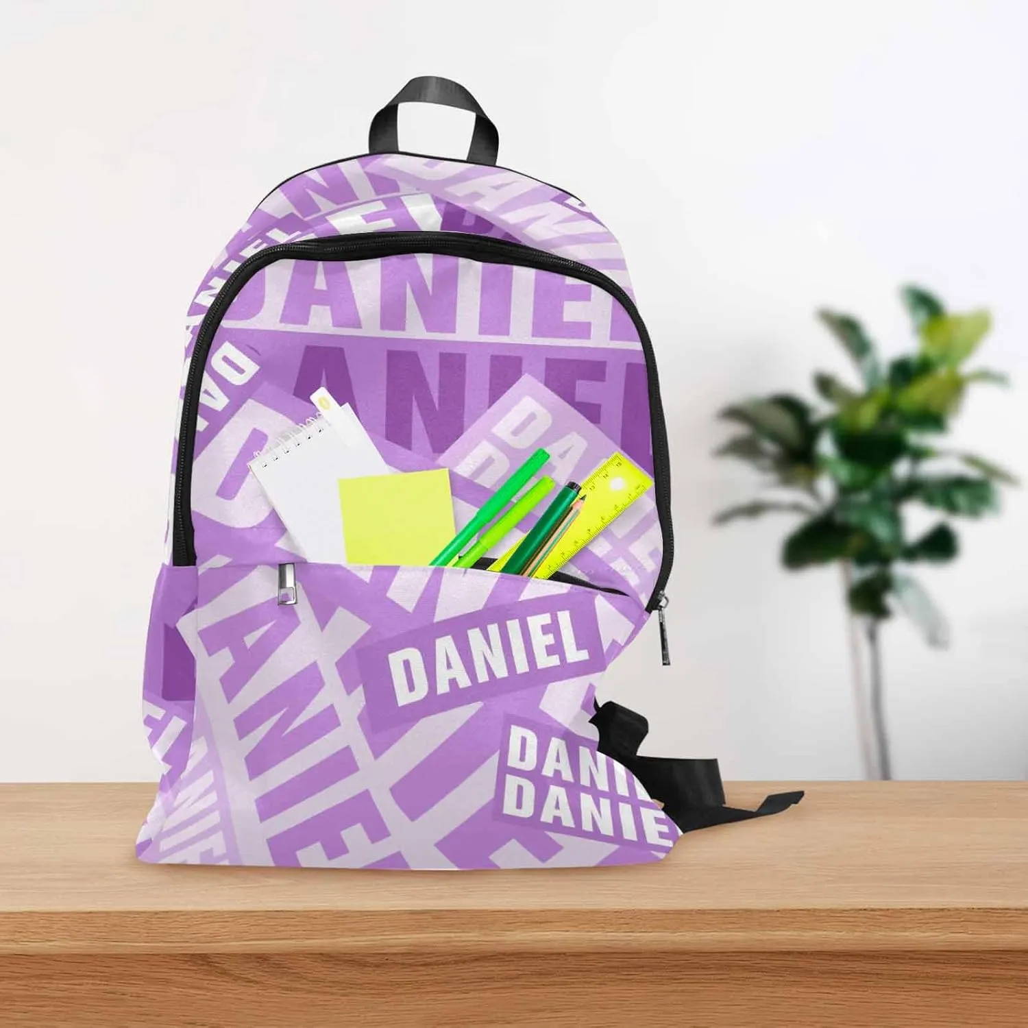 MyPupSocks Personalized Casual Daypack School Bag with Name for Students Back School Gift, Custom White and Purple Name Backpack Shoulder Bag Book Bag Travel Knapsack for Men Women Hiking Travel