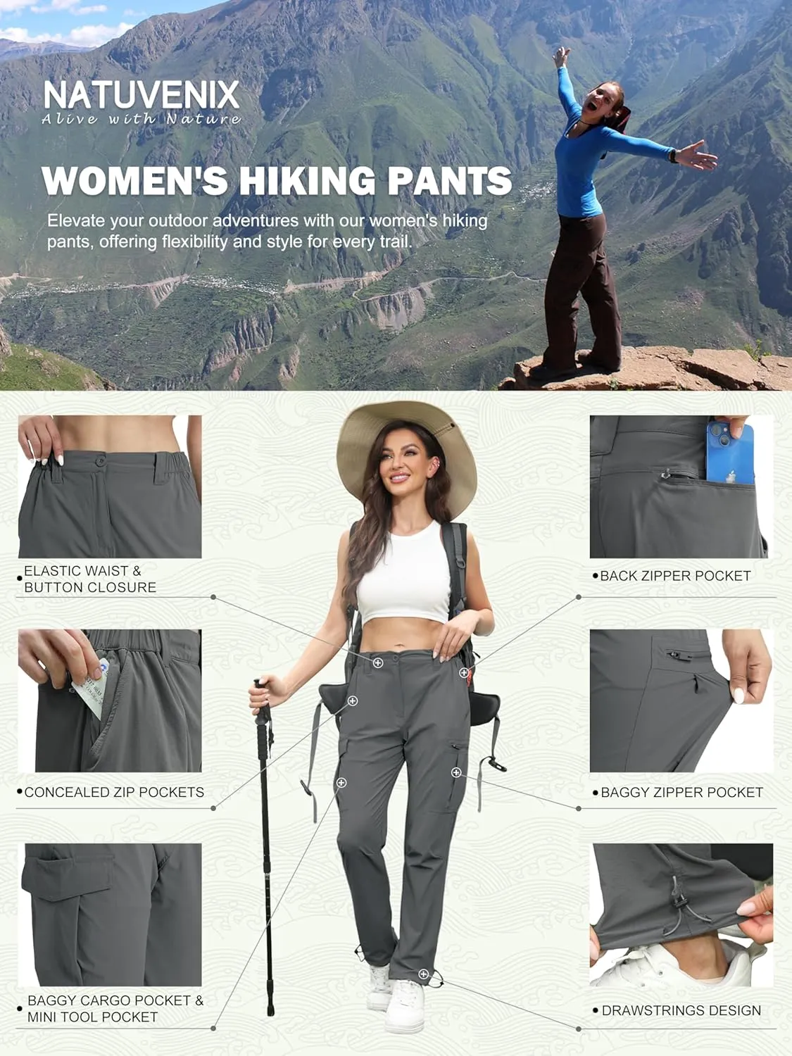 NATUVENIX Womens Hiking Pants Quick Dry Travel Pants Women Stretch Cargo Pants for Women Water Resistant Golf Pants Outdoor