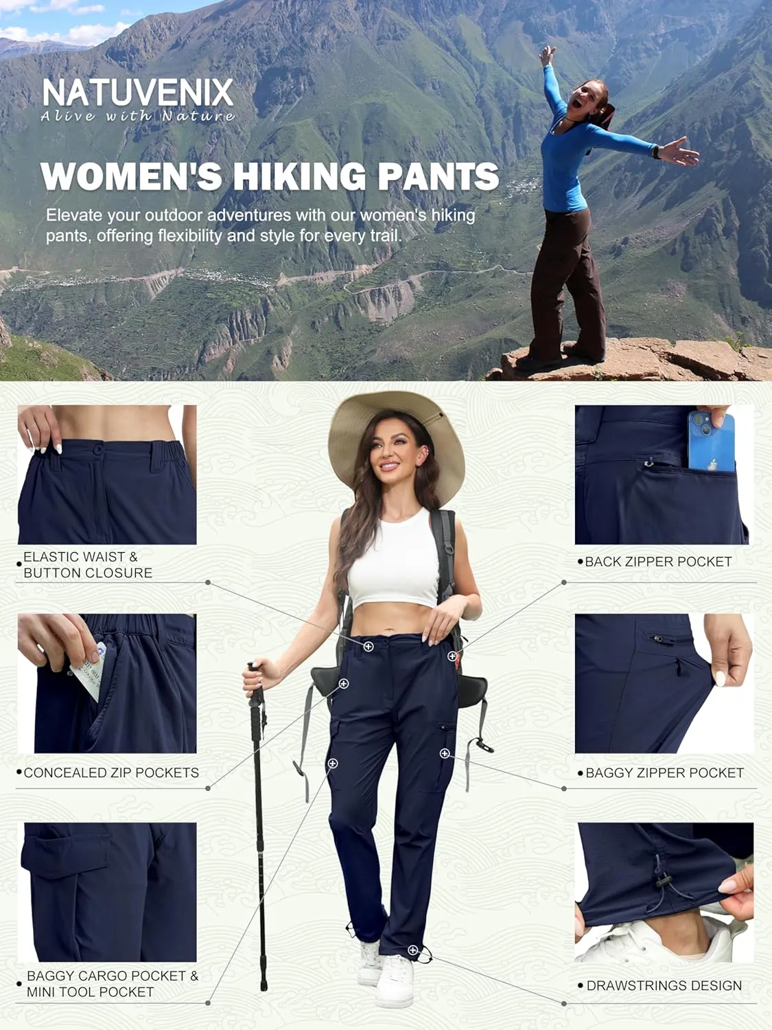 NATUVENIX Womens Hiking Pants Quick Dry Travel Pants Women Stretch Cargo Pants for Women Water Resistant Golf Pants Outdoor