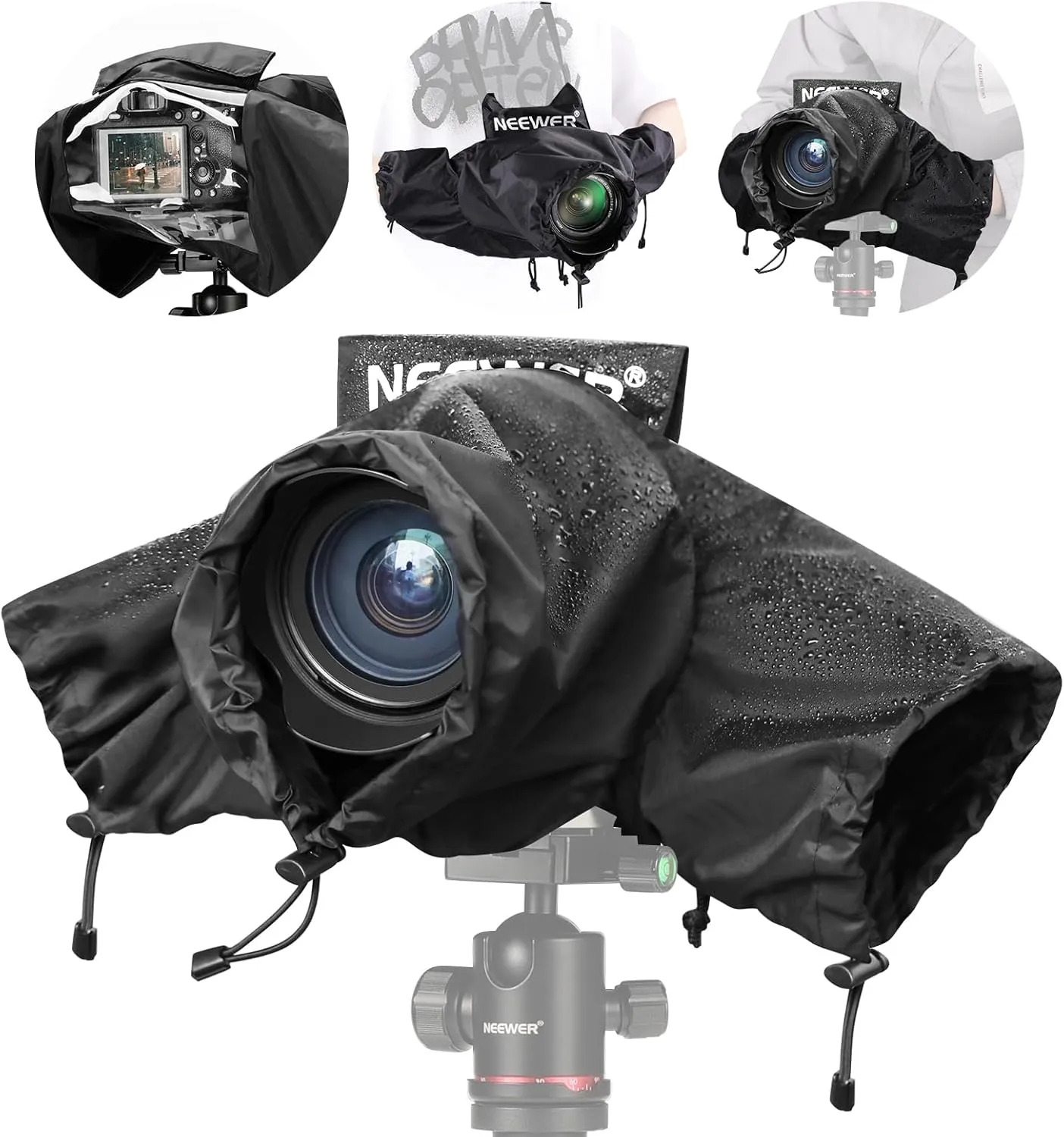 NEEWER Camera Rain Cover, Small Size Durable Nylon Raincoat Compatible with Canon Sony Nikon DSLR Mirrorless Vlog Camera & Lenses Within 200mm, with Sleeves, Drawstrings, Viewing Window, PB003