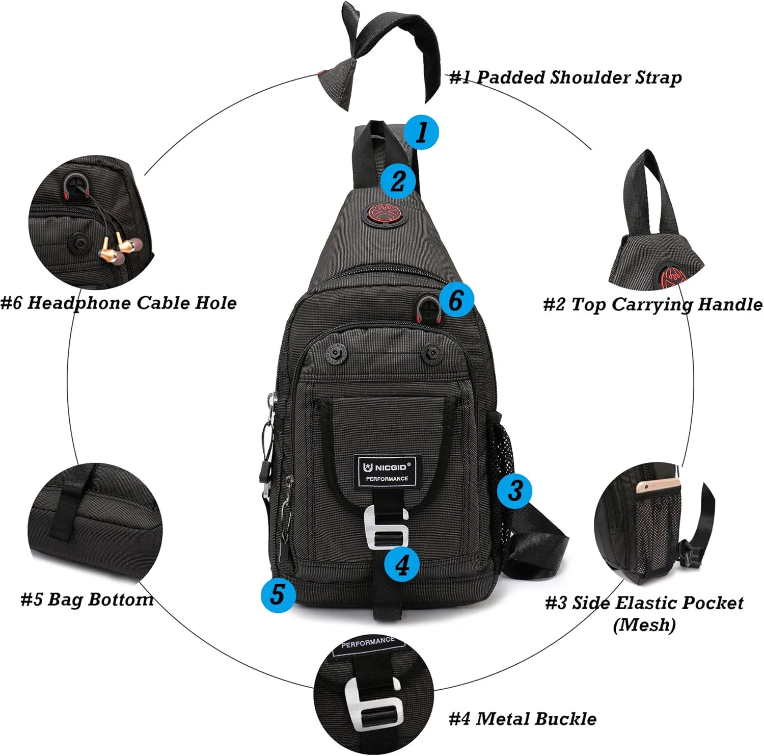 NICGID Sling Bag Chest Shoulder Backpack Crossbody Bags for Tablet Laptop Outdoor Hiking Men Women