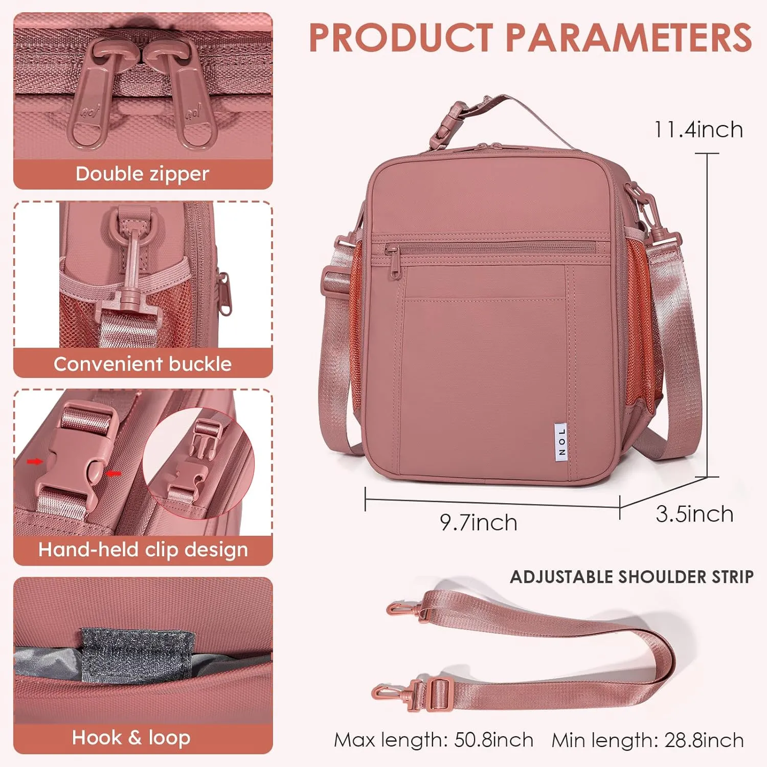 NOL Nylon Waterproof Kids Lunch Bag, Insulated Lunch Bag, Lunch box Cooler, Reusable, Zip Closure with Buckle Handle Holds Lunch Box, Snacks & Water Bottle for School Work, Dark pink