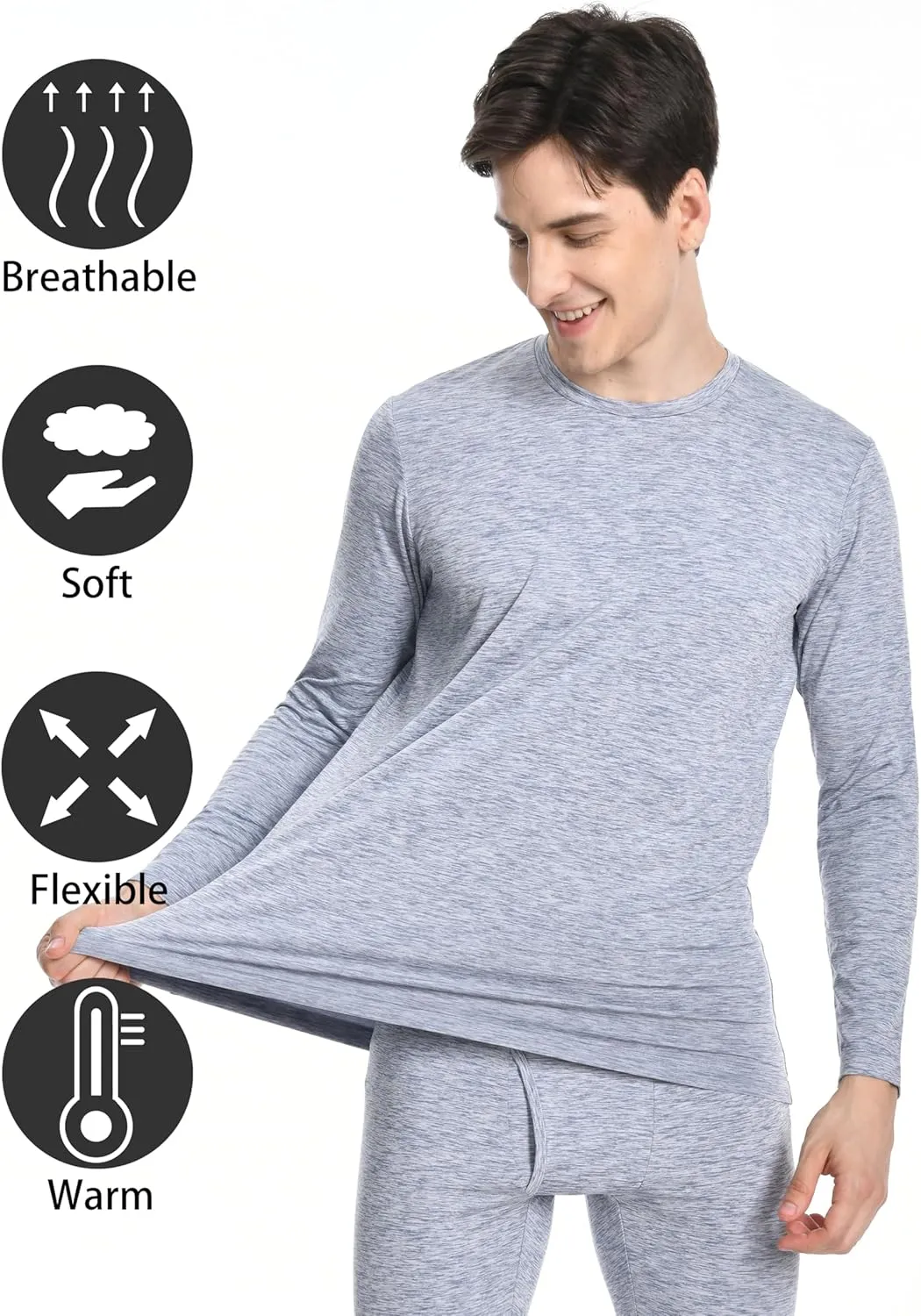 Nutria Mens Thermal Underwear Crew Top 2 Packs Fleece Lined Thermal Shirts for Men Undershirt Long Sleeves Lightweight U07A