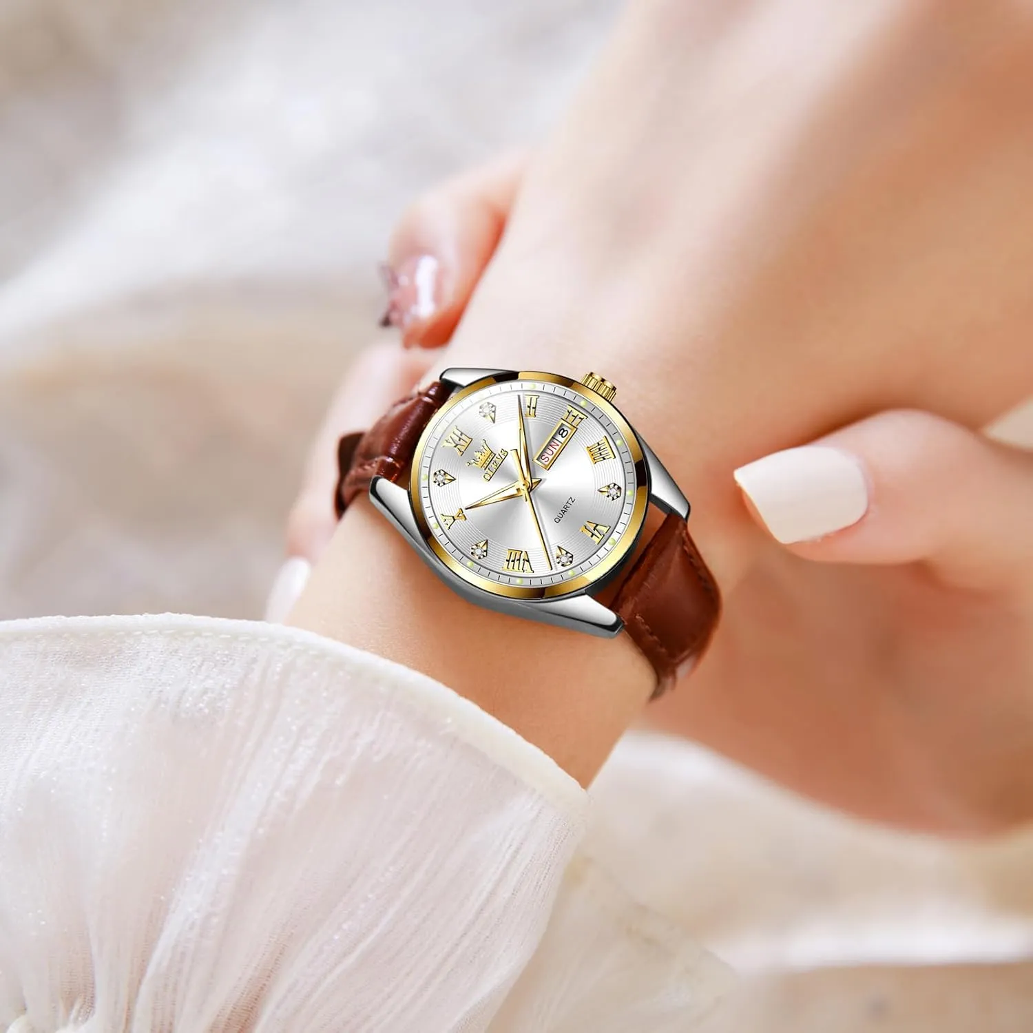 OLEVS Classic Leather Watches for Women, Business Dress Diamond Roman Arabic Numerals Ladies Watches, Day Date Waterproof Analog Quartz Womens Wrist Watches Brown Leather Strap Relojes para Mujer