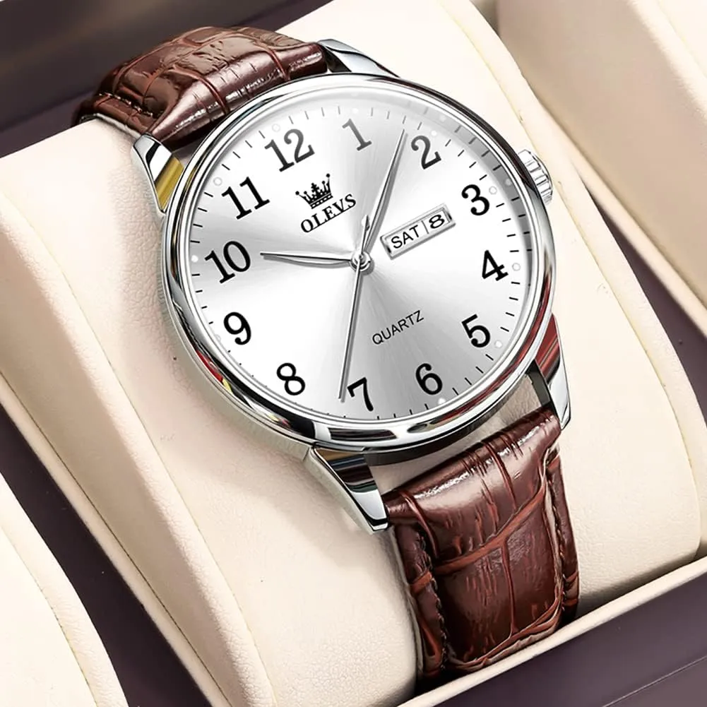 OLEVS Watch Men Mens Watches Watches for Men Leather Band Classic Brown Leather Watch Men, Analog Watch Men, Black Mens Leather Watch, Dress Waterproof Large Face Mens Watch,Relojes para Hombres Watch