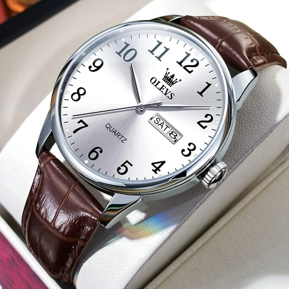 OLEVS Watch Men Mens Watches Watches for Men Leather Band Classic Brown Leather Watch Men, Analog Watch Men, Black Mens Leather Watch, Dress Waterproof Large Face Mens Watch,Relojes para Hombres Watch