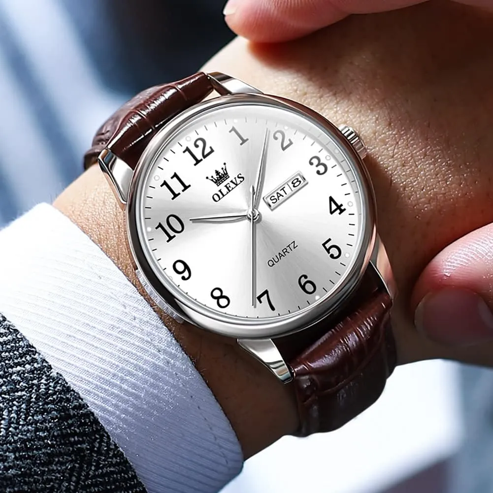 OLEVS Watch Men Mens Watches Watches for Men Leather Band Classic Brown Leather Watch Men, Analog Watch Men, Black Mens Leather Watch, Dress Waterproof Large Face Mens Watch,Relojes para Hombres Watch