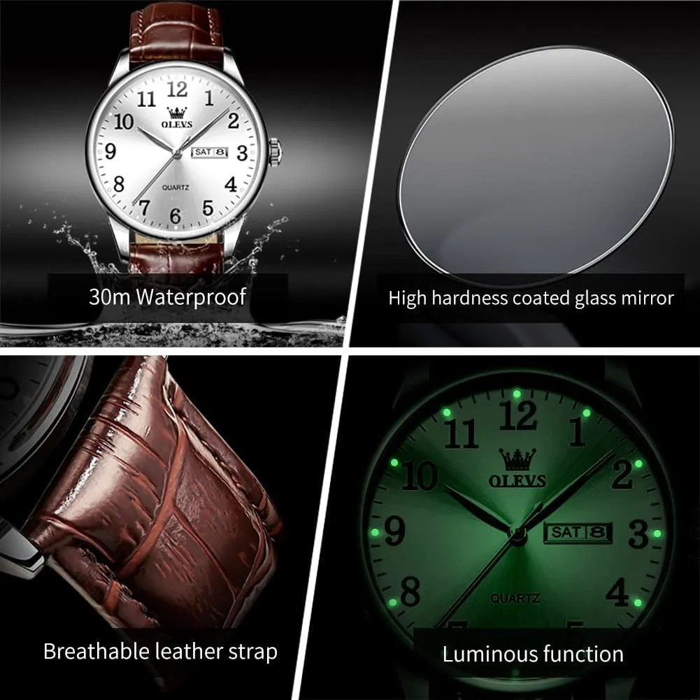 OLEVS Watch Men Mens Watches Watches for Men Leather Band Classic Brown Leather Watch Men, Analog Watch Men, Black Mens Leather Watch, Dress Waterproof Large Face Mens Watch,Relojes para Hombres Watch