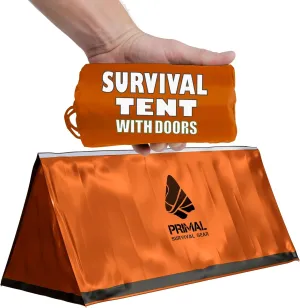 Orange Polyester Survival Tent with Doors - Compact, Durable, All-Season Shelter for Camping, Hiking, and Emergency Preparedness
