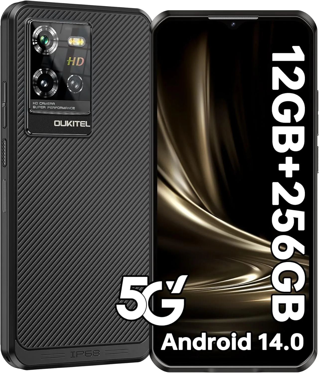 OUKITEL WP50 Rugged Phone Unlocked 5G-12GB RAM 256GB ROM Cell Phones, 6.6" Screen, 48MP Camera, 6500mAh Battery Smartphone, 5G Dual SIM Android 14 IP68/IP69K Waterproof Phone, NFC/GPS/T-Mobile, Black