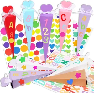 Pack of 24 School Cone Sibling Bags, First Day of School, Sugar Bag for Filling for School Enrolment, Gift Boxes DIY with Stickers Ribbon.