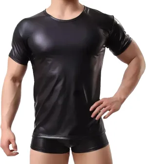 Panegy Men's Black Leather Tshirt Short Sleeve PVC Tunic & Sleeveless Tank Top M-XXL