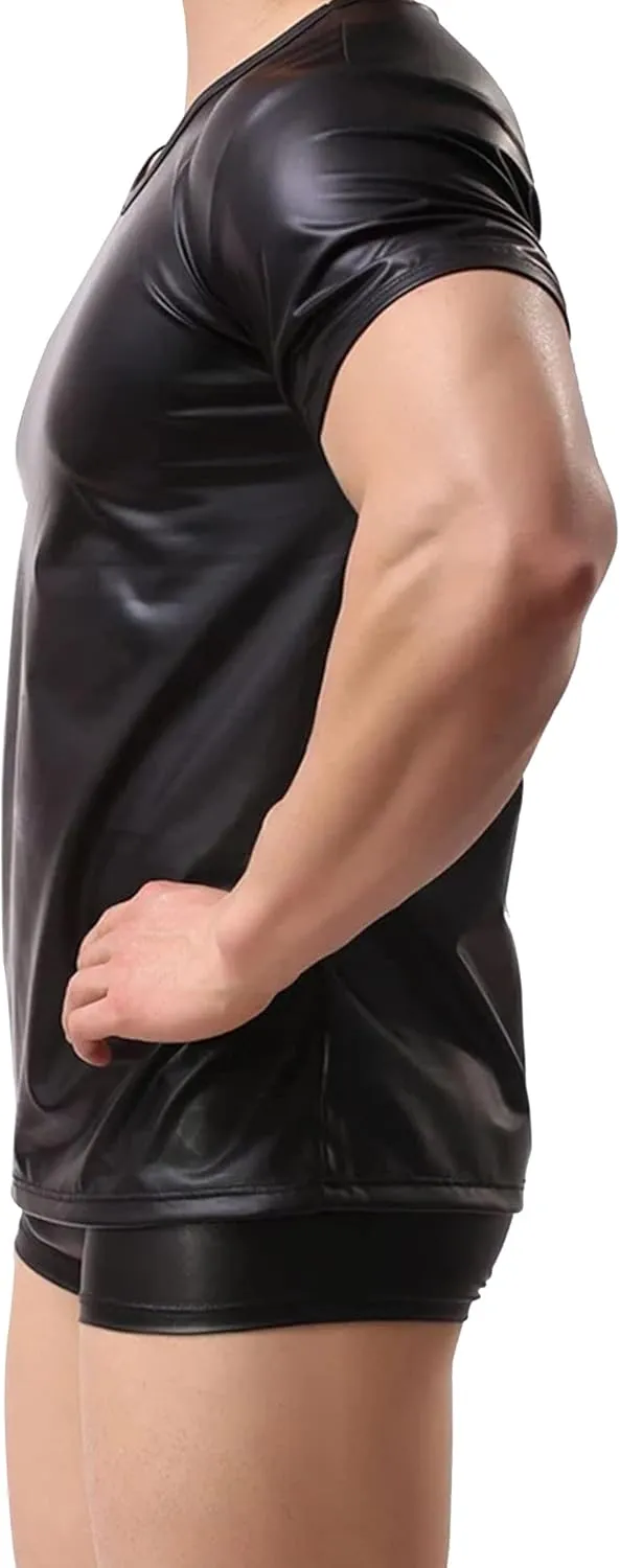 Panegy Men's Black Leather Tshirt Short Sleeve PVC Tunic & Sleeveless Tank Top M-XXL