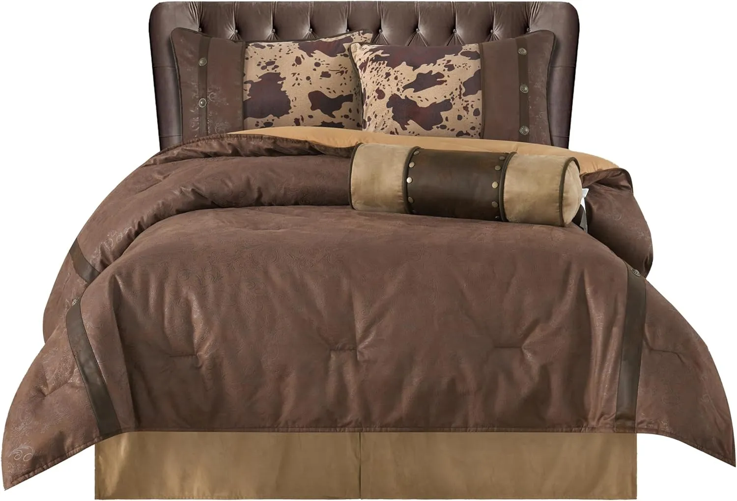 Paseo Road by HiEnd Accents Caldwell 5 Piece Comforter Set, Faux Leather, Full Size, Brown Cow Print Western Rustic Style Luxury Bedding Set, 1 Comforter, 1 Bed Skirt, 2 Pillow Shams, 1 Neckroll