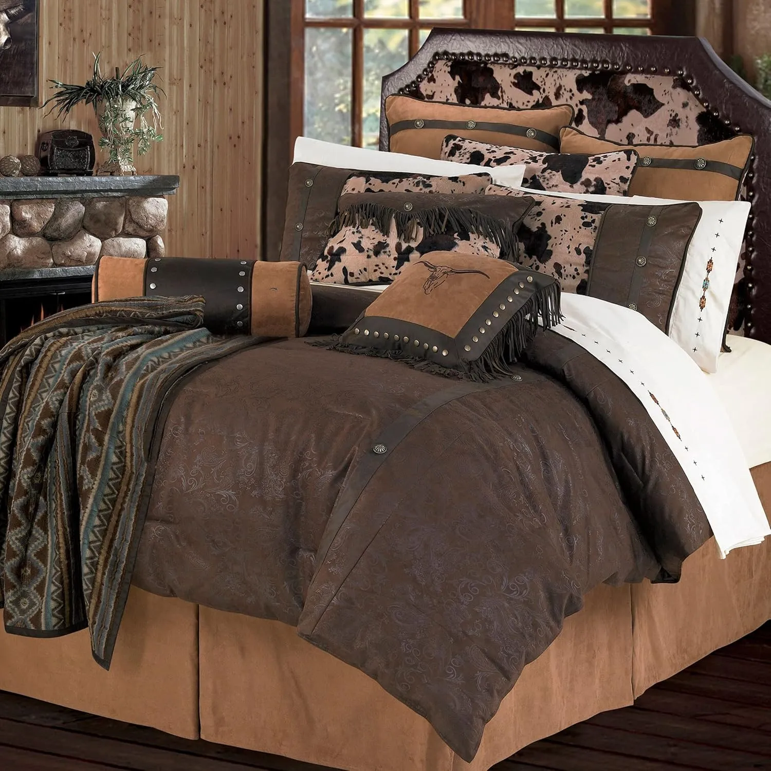 Paseo Road by HiEnd Accents Caldwell 5 Piece Comforter Set, Faux Leather, Full Size, Brown Cow Print Western Rustic Style Luxury Bedding Set, 1 Comforter, 1 Bed Skirt, 2 Pillow Shams, 1 Neckroll