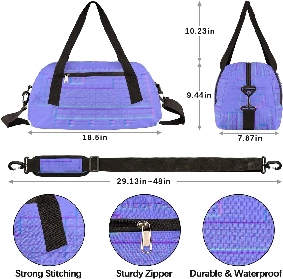 Periodic Table Of The Elements Kids Duffel Bag for Girls Boys Teens, Neon Pattern Dance Bag Overnight Small Duffel Bag Carry On Weekend Sports Gym Travel Bag for School Practice Gymnastics Ballet