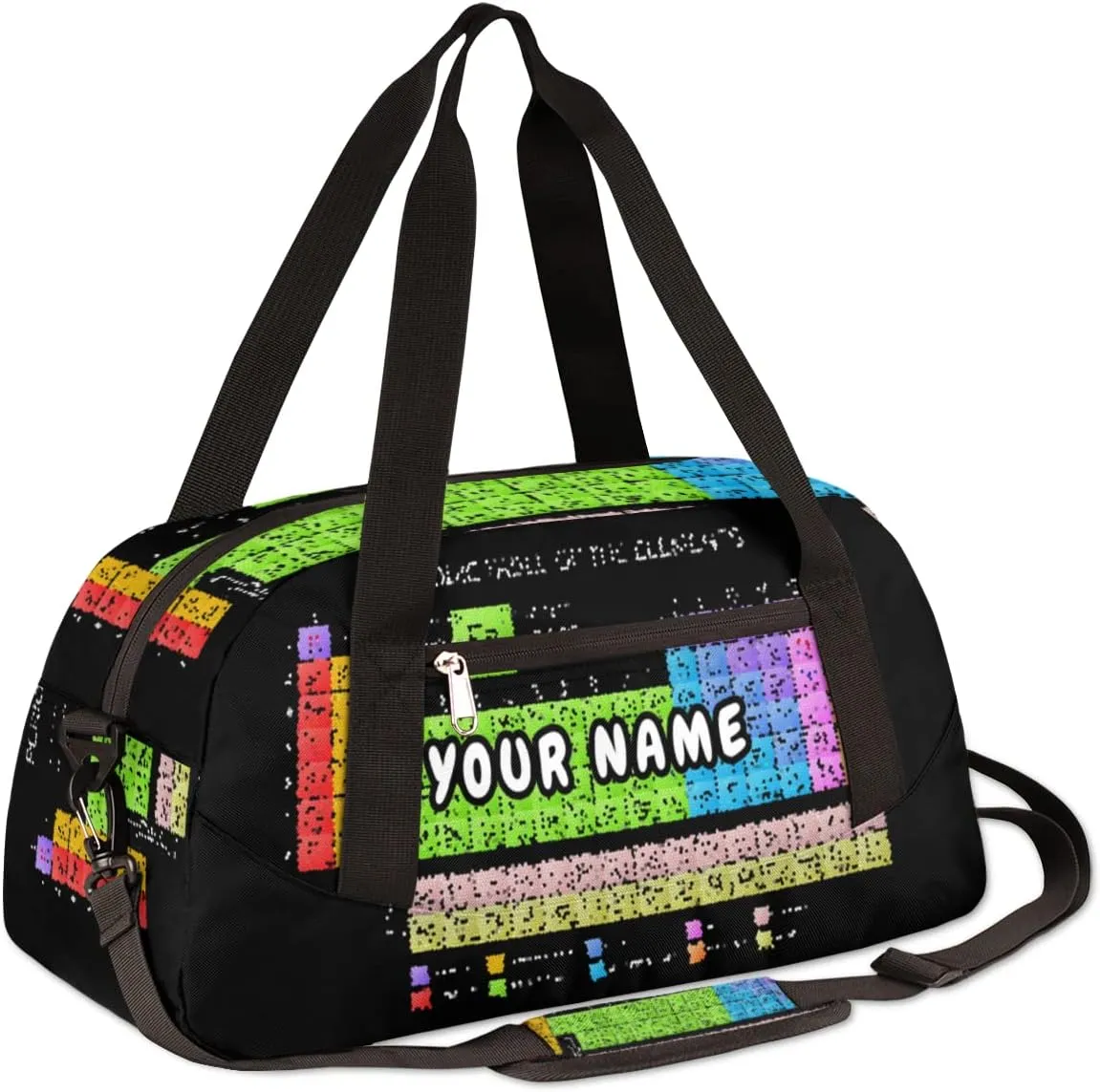 Periodic Table of The Elements Personalized Kids Duffel Bag for Girls Boys, Periodic Debris Custom Name Overnight Small Duffel Bag Carry On Sports Travel Bag for School Practice Gymnastics Ballet
