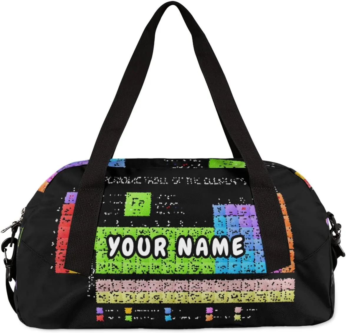 Periodic Table of The Elements Personalized Kids Duffel Bag for Girls Boys, Periodic Debris Custom Name Overnight Small Duffel Bag Carry On Sports Travel Bag for School Practice Gymnastics Ballet