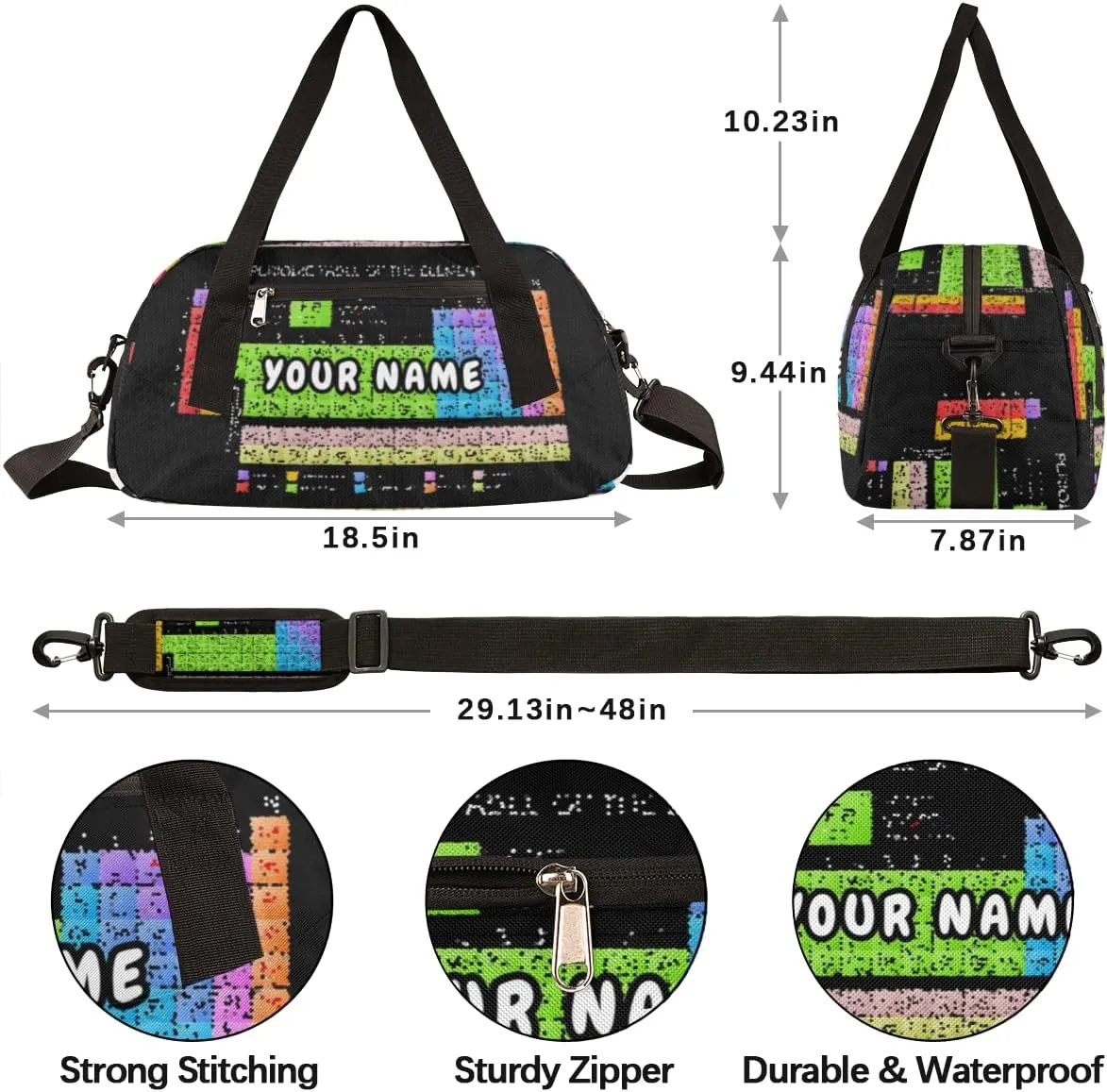 Periodic Table of The Elements Personalized Kids Duffel Bag for Girls Boys, Periodic Debris Custom Name Overnight Small Duffel Bag Carry On Sports Travel Bag for School Practice Gymnastics Ballet