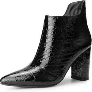 Perphy Pointed Toe Stone Printed Chunky Heels Short Ankle Boots for Women
