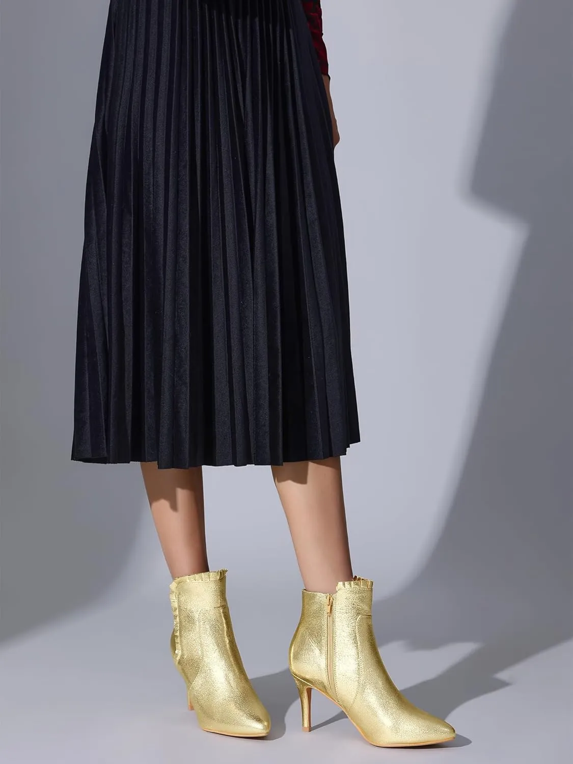 Perphy Ruffled Ankle Boot Stiletto Heel Metallic Booties for Women