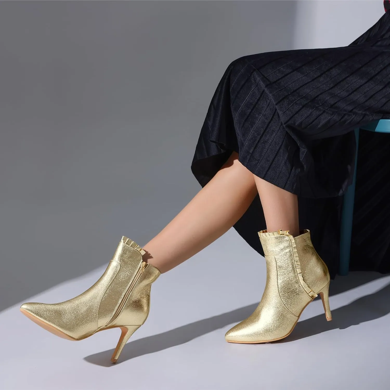 Perphy Ruffled Ankle Boot Stiletto Heel Metallic Booties for Women