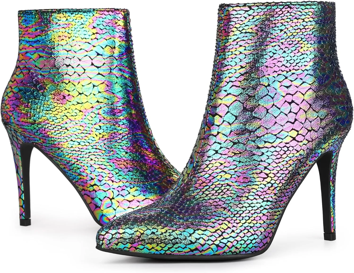 Perphy Snakeskin Printed Metallic Boots Pointed Toe Stiletto Heel Ankle Boots for Women