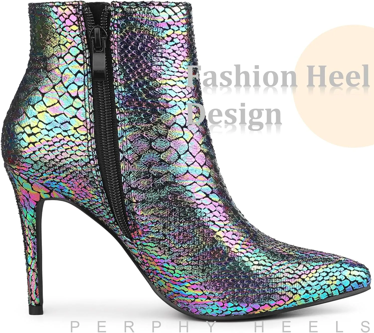 Perphy Snakeskin Printed Metallic Boots Pointed Toe Stiletto Heel Ankle Boots for Women