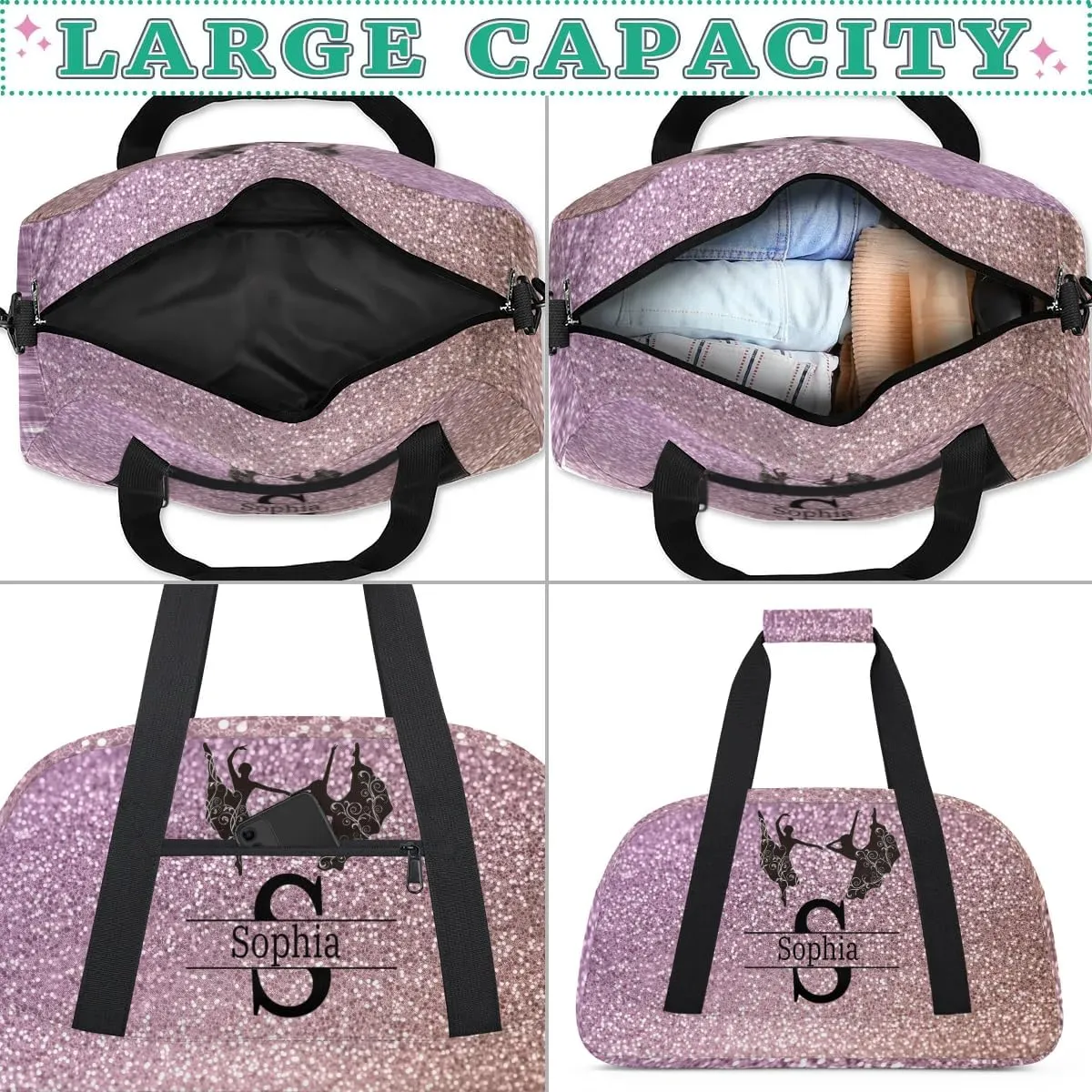 Personalized Ballet Bag for Teens, Custom Dance Bag Named Overnight Large Duffel Bag for Practice Gymnastics Ballet Sports Bag, Rustic Dark Pink Bling Bling