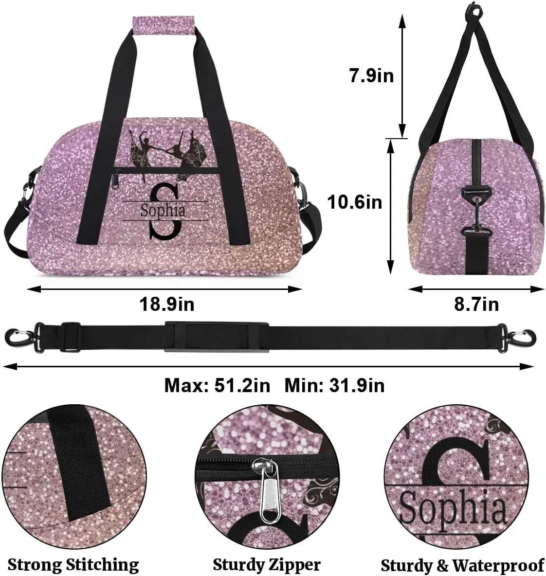 Personalized Ballet Bag for Teens, Custom Dance Bag Named Overnight Large Duffel Bag for Practice Gymnastics Ballet Sports Bag, Rustic Dark Pink Bling Bling