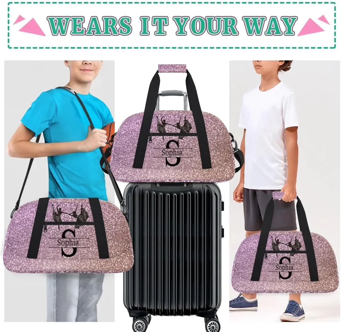 Personalized Ballet Bag for Teens, Custom Dance Bag Named Overnight Large Duffel Bag for Practice Gymnastics Ballet Sports Bag, Rustic Dark Pink Bling Bling