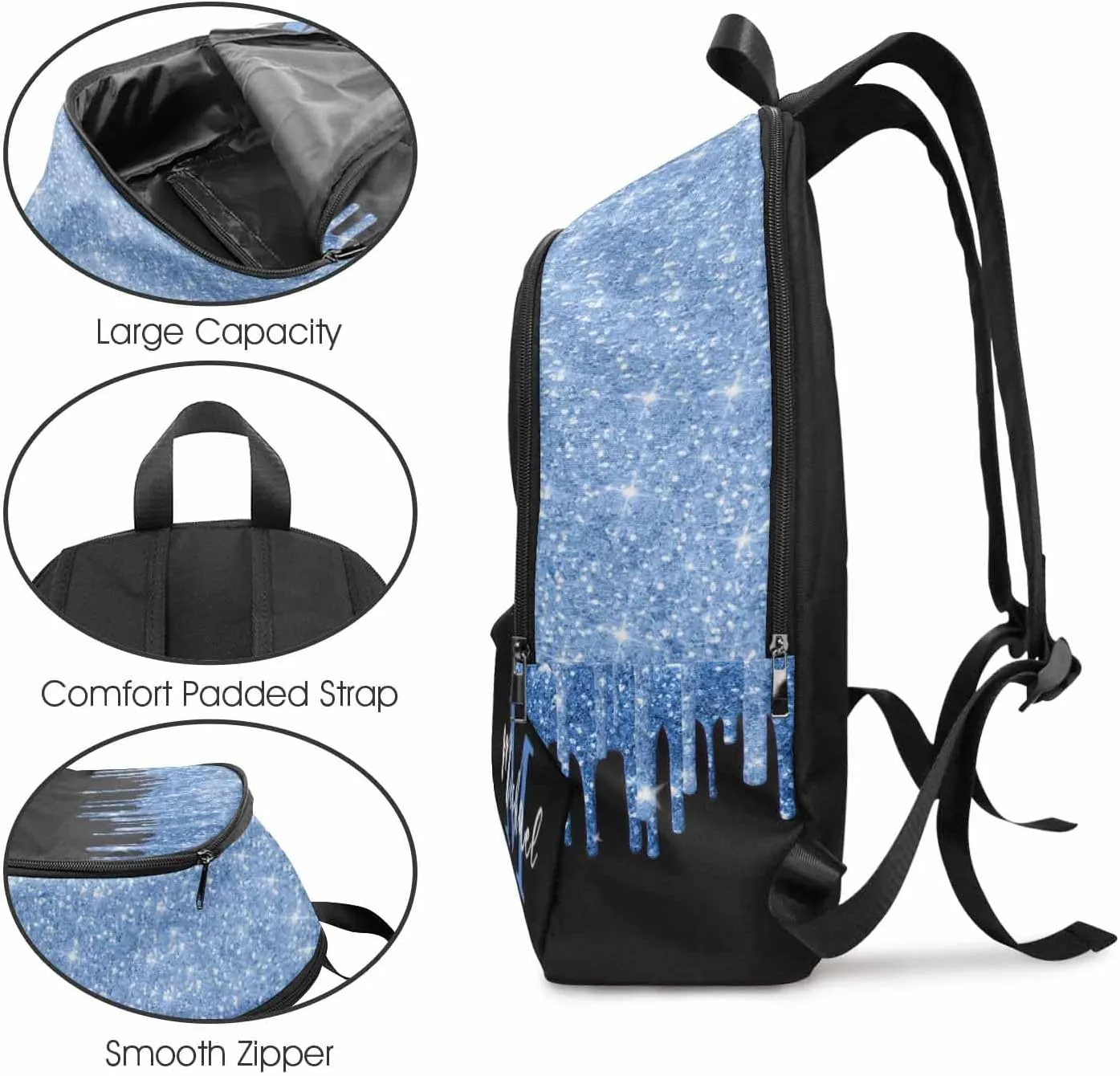 Personalized Casual Daypack School Bag with Name for Students Back School Gift, Custom Blue Glitter Drops Lunch Box Bag Backpack Shoulder Bag Book Bag Travel Knapsack for Men Women Hiking Travel