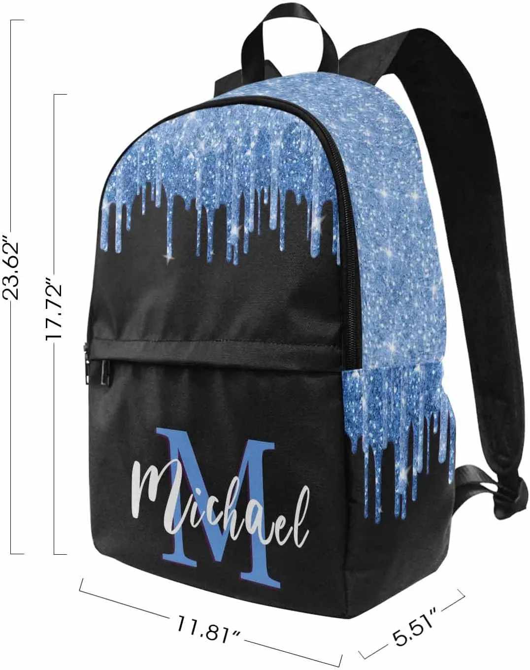 Personalized Casual Daypack School Bag with Name for Students Back School Gift, Custom Blue Glitter Drops Lunch Box Bag Backpack Shoulder Bag Book Bag Travel Knapsack for Men Women Hiking Travel