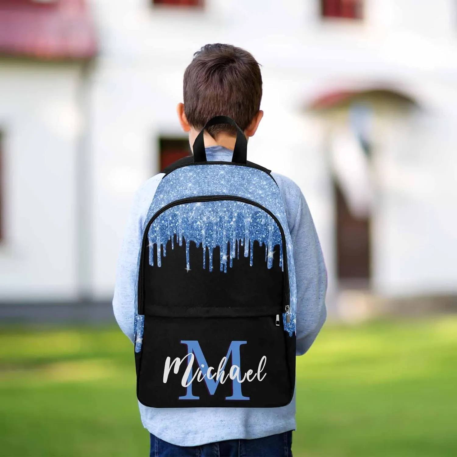 Personalized Casual Daypack School Bag with Name for Students Back School Gift, Custom Blue Glitter Drops Lunch Box Bag Backpack Shoulder Bag Book Bag Travel Knapsack for Men Women Hiking Travel