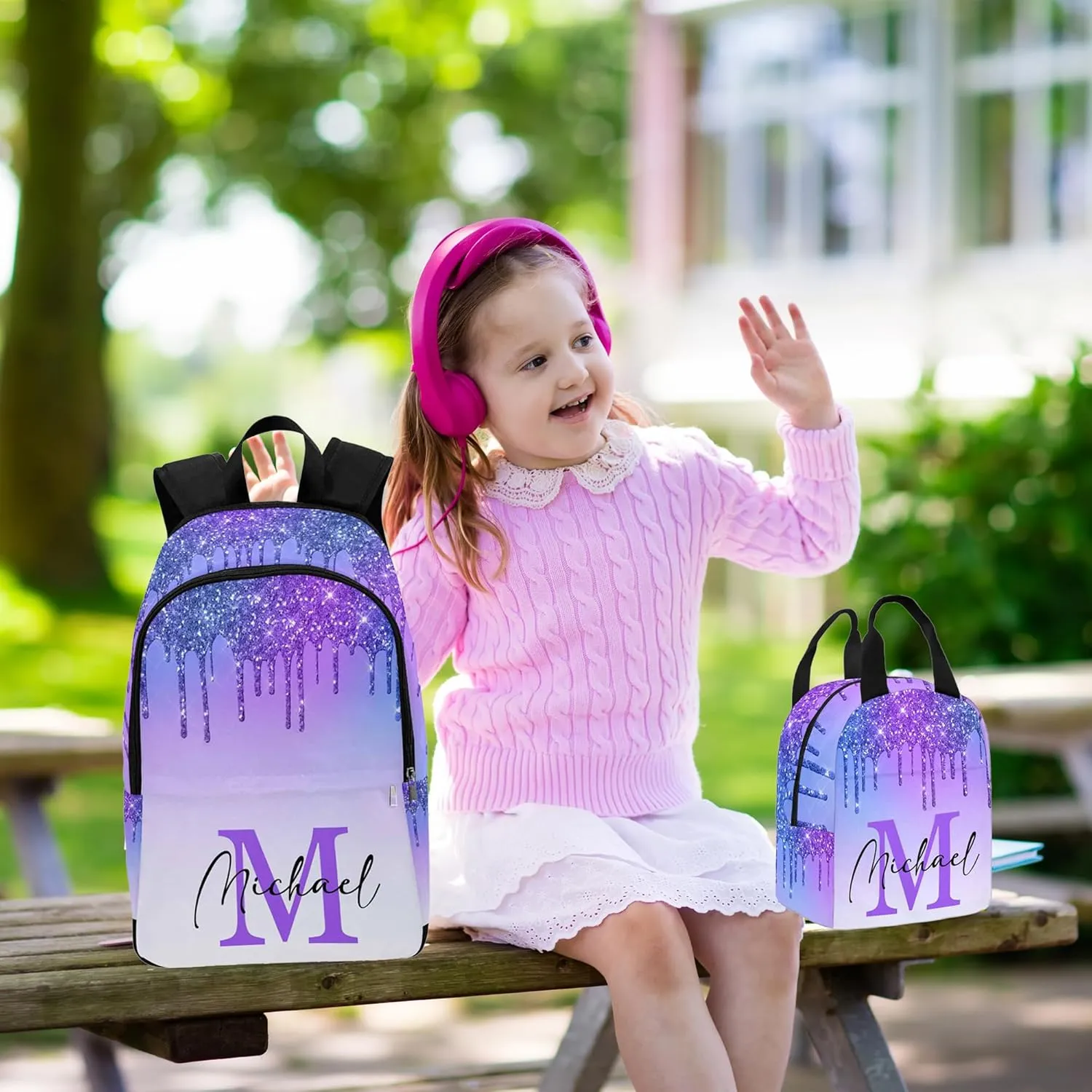 Personalized Casual Daypack School Bag with Name for Students Back School Gift, Custom Blue Glitter Drops Lunch Box Bag Backpack Shoulder Bag Book Bag Travel Knapsack for Men Women Hiking Travel