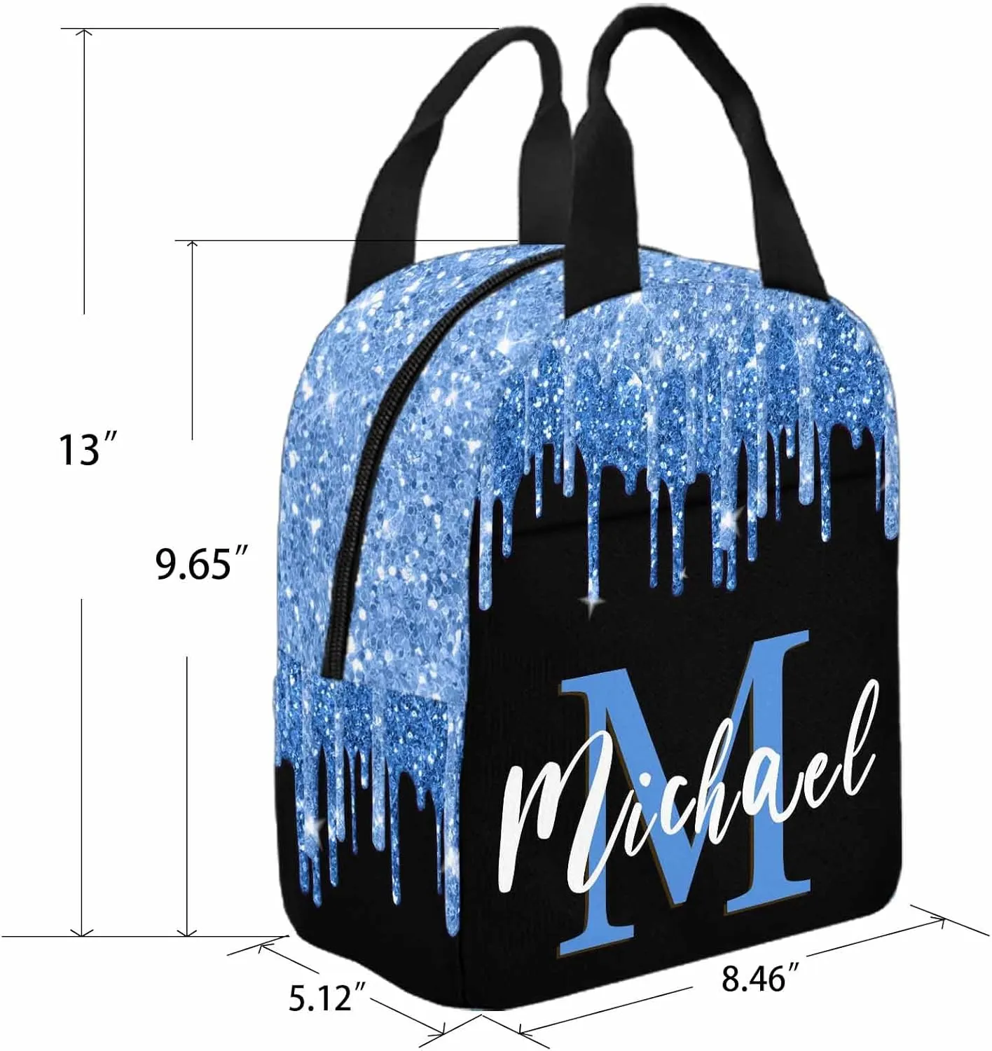 Personalized Casual Daypack School Bag with Name for Students Back School Gift, Custom Blue Glitter Drops Lunch Box Bag Backpack Shoulder Bag Book Bag Travel Knapsack for Men Women Hiking Travel