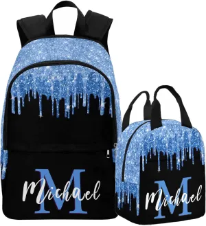 Personalized Casual Daypack School Bag with Name for Students Back School Gift, Custom Blue Glitter Drops Lunch Box Bag Backpack Shoulder Bag Book Bag Travel Knapsack for Men Women Hiking Travel