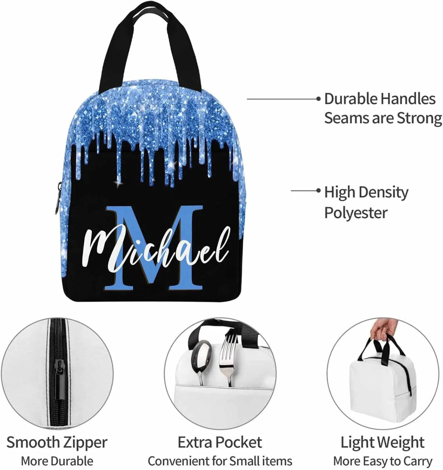 Personalized Casual Daypack School Bag with Name for Students Back School Gift, Custom Blue Glitter Drops Lunch Box Bag Backpack Shoulder Bag Book Bag Travel Knapsack for Men Women Hiking Travel